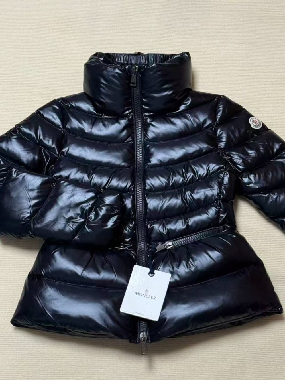 Moncler Women's Black Glossy Short Down Jacket with Cinched Waist – Size M